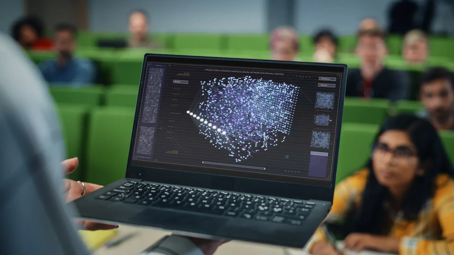 A person holds up a laptop displaying a glowing 3D neural network visualization to an audience of students in a lecture hall.