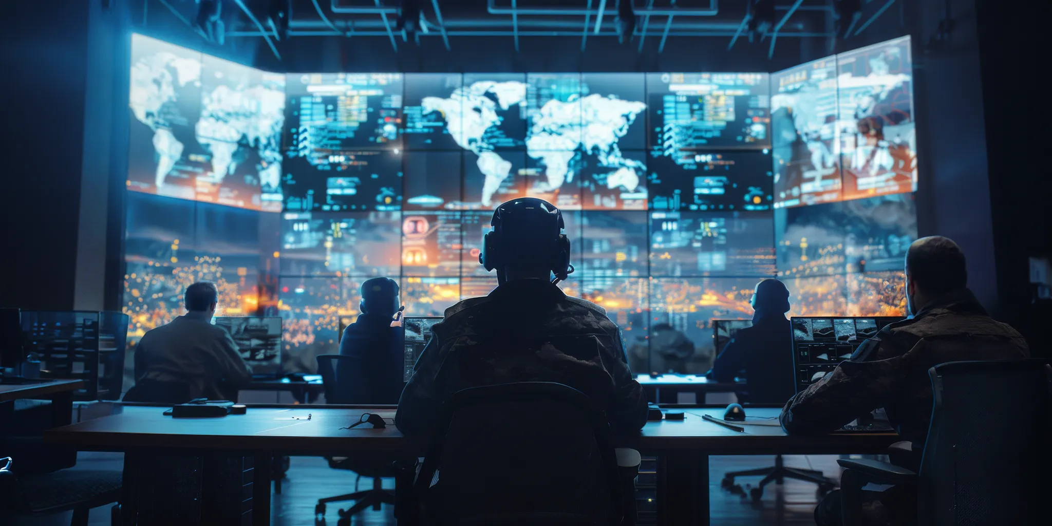  An illustration of personnel in a dimly lit command center monitoring a large wall of digital screens displaying world maps and complex data.