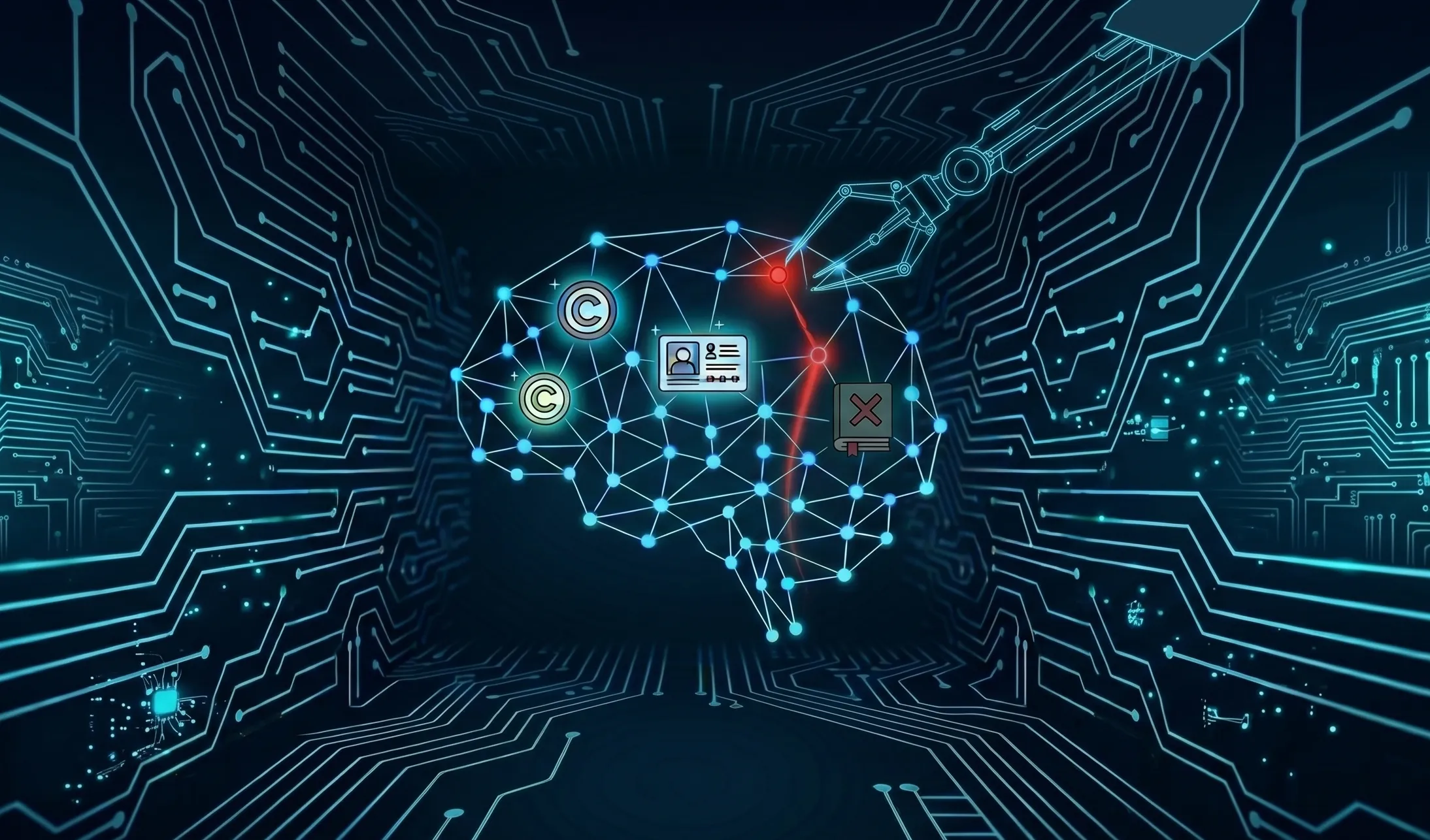 A futuristic digital illustration of a glowing network forming a human brain inside a circuit-lined tunnel. A robotic arm interacts with a red, highlighted section of the brain network, which contains icons representing copyright symbols, personal identification, and a restricted book.