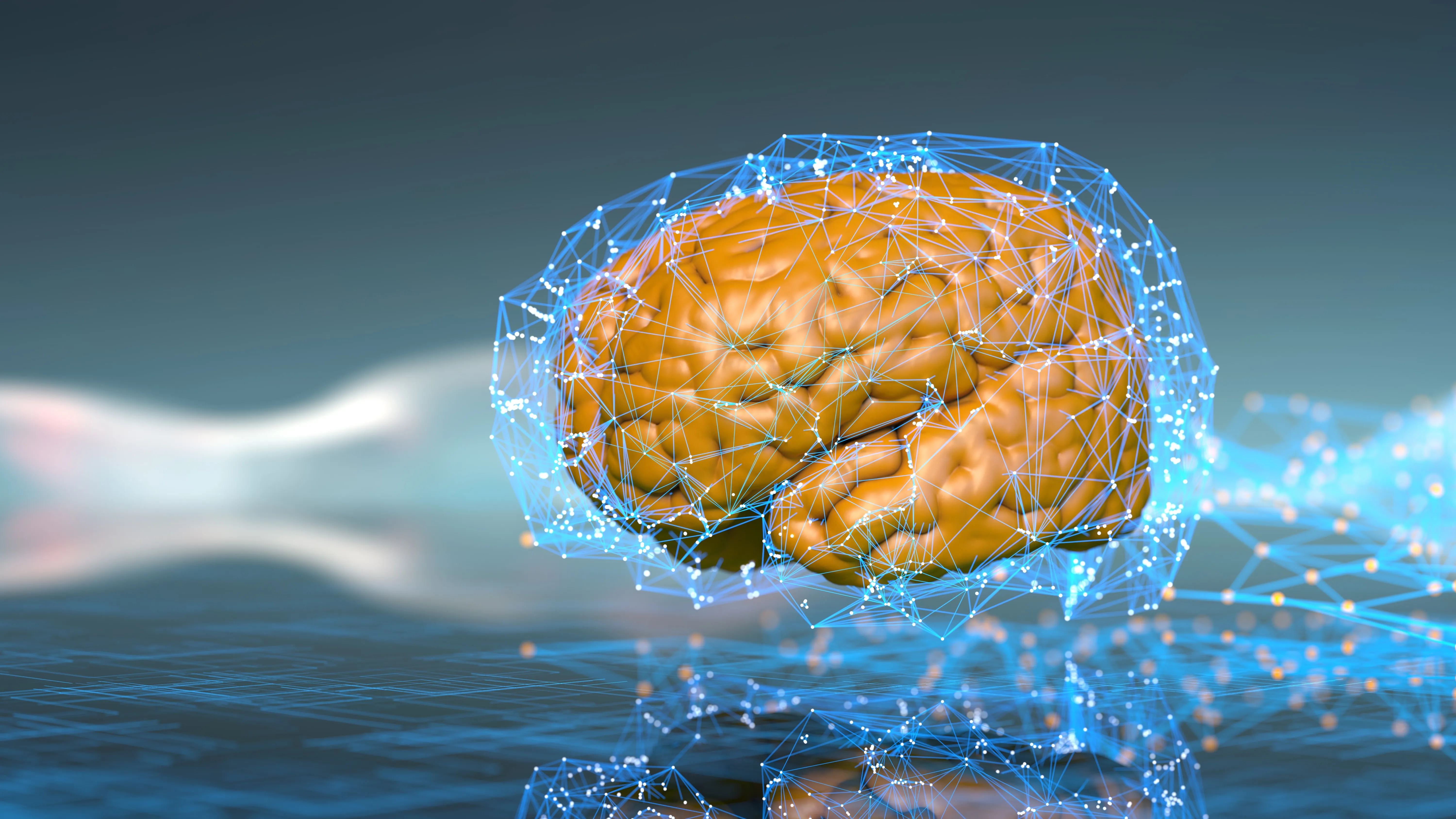 A golden-orange 3D human brain encased in a glowing blue digital lattice of nodes and lines, resting on a reflective circuit-patterned surface.
