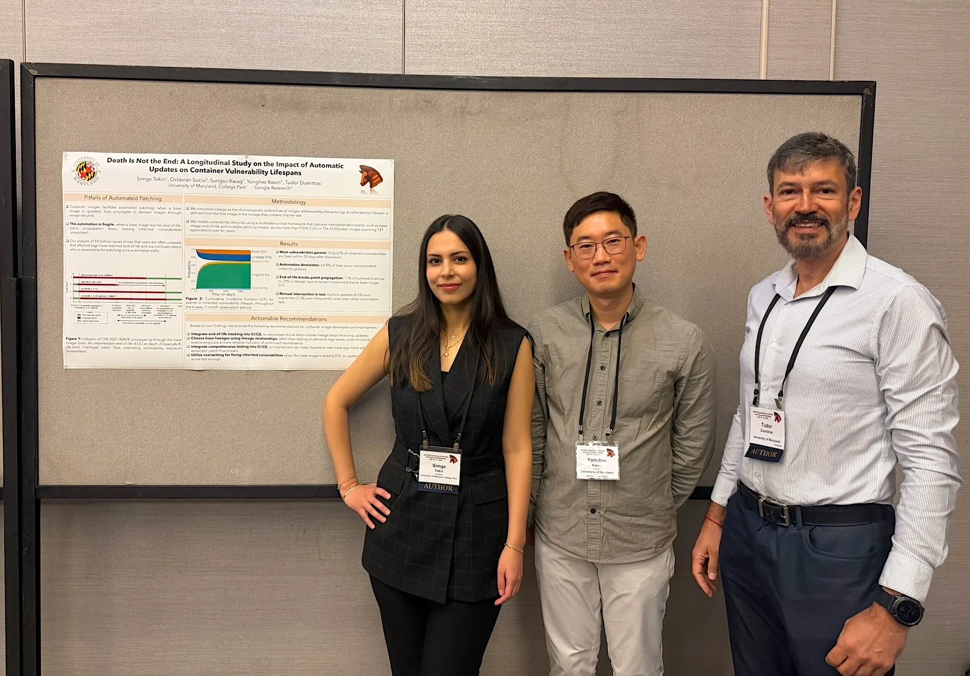 Simge Tekin (left), Yonghwi Kwon and Tudor Dumitraș present their research on cloud security vulnerabilities at the IEEE Symposium on Security and Privacy.
