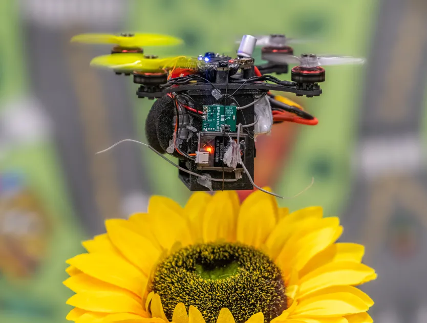 drone hovering over fake flower