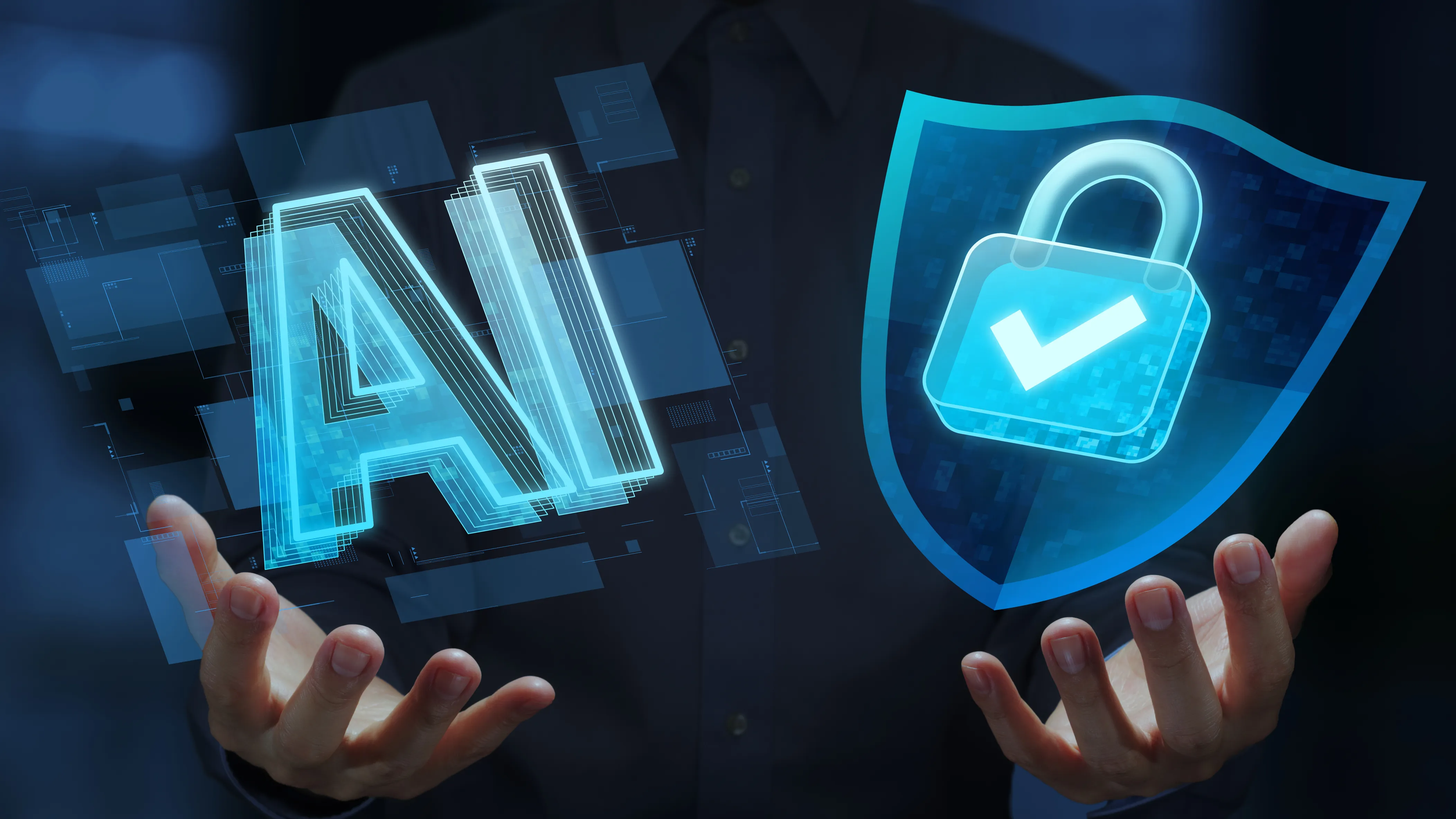 A person holding glowing blue digital icons of the letters "AI" in one hand and a protective security shield with a padlock in the other.