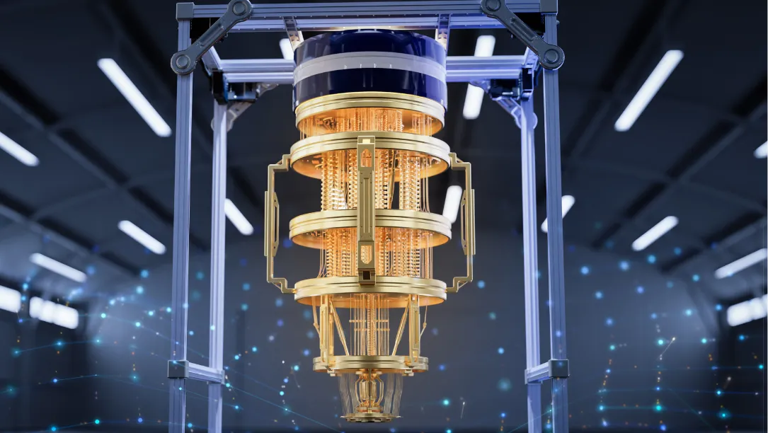 Quantum computer with a cylindrical, gold-colored processor suspended in a high-tech laboratory environment