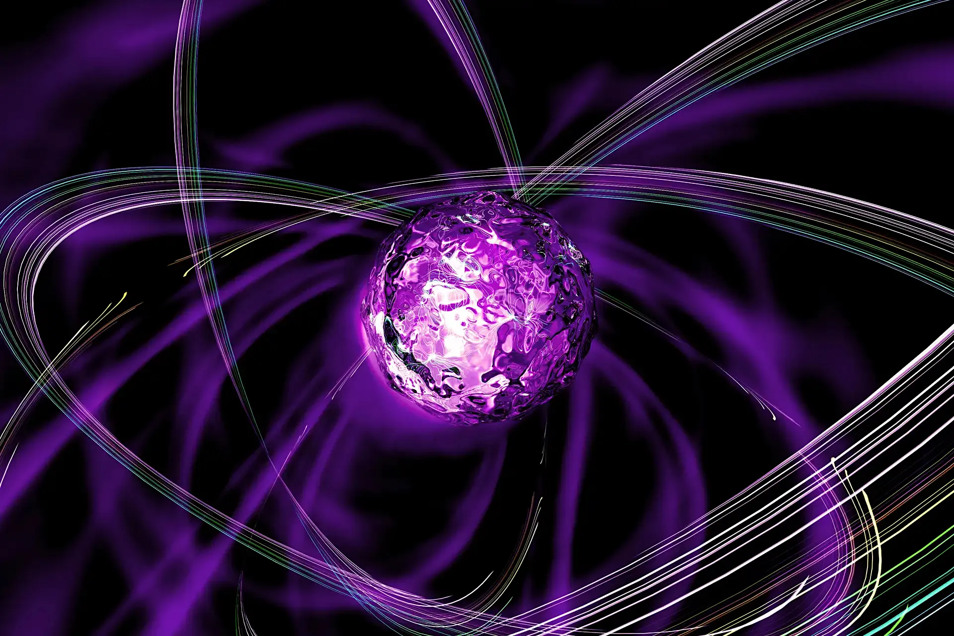 An abstract digital illustration featuring a glowing purple liquid-like sphere at the center, surrounded by sweeping, luminous light trails orbiting around it on a dark background.