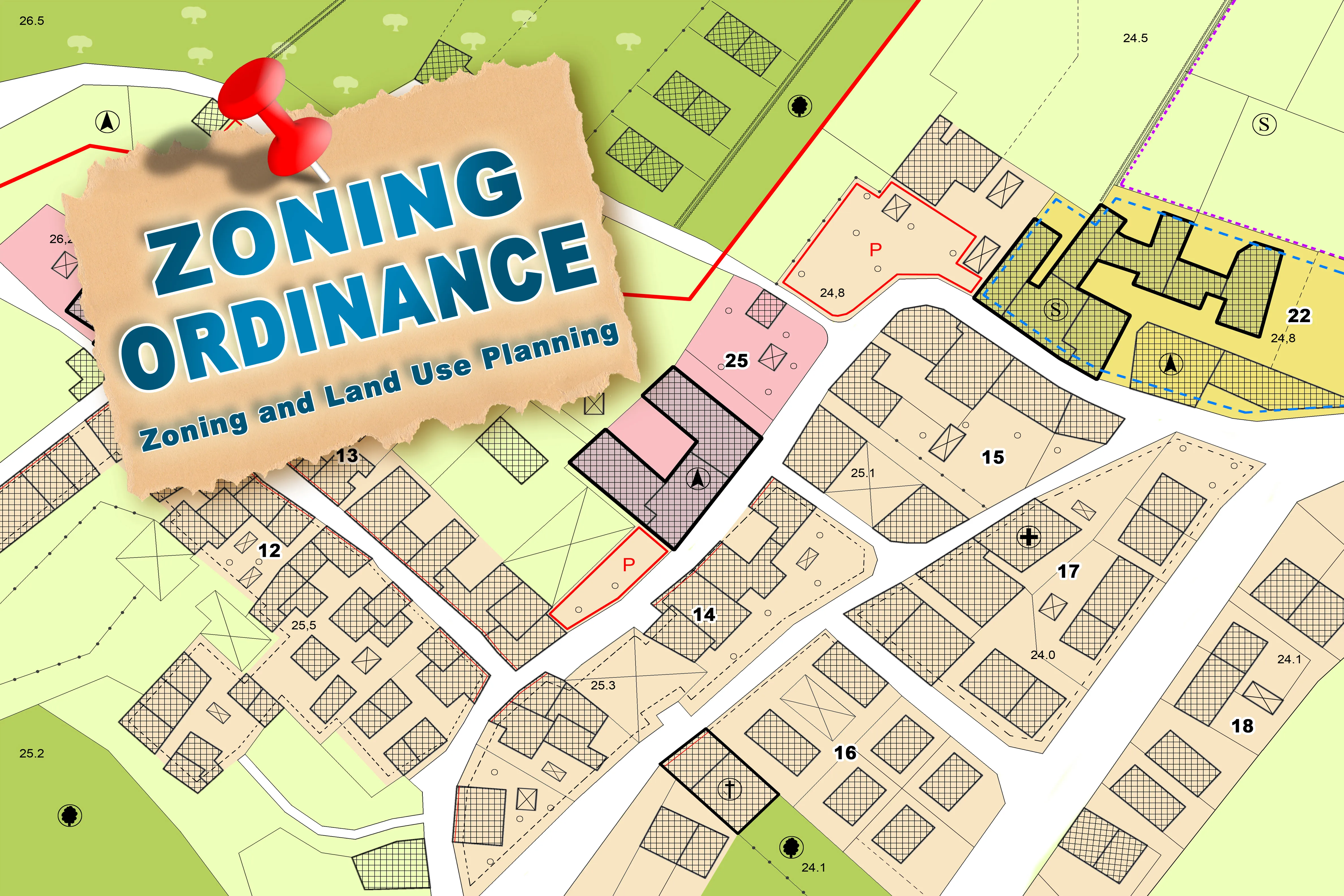 Architectural land development and zoning map showing numbered plot areas, buildings, and green spaces. A piece of light brown paper is attached to the top left corner with a red pushpin, displaying the text "ZONING ORDINANCE" in large blue letters above the subtext "Zoning and Land Use Planning."