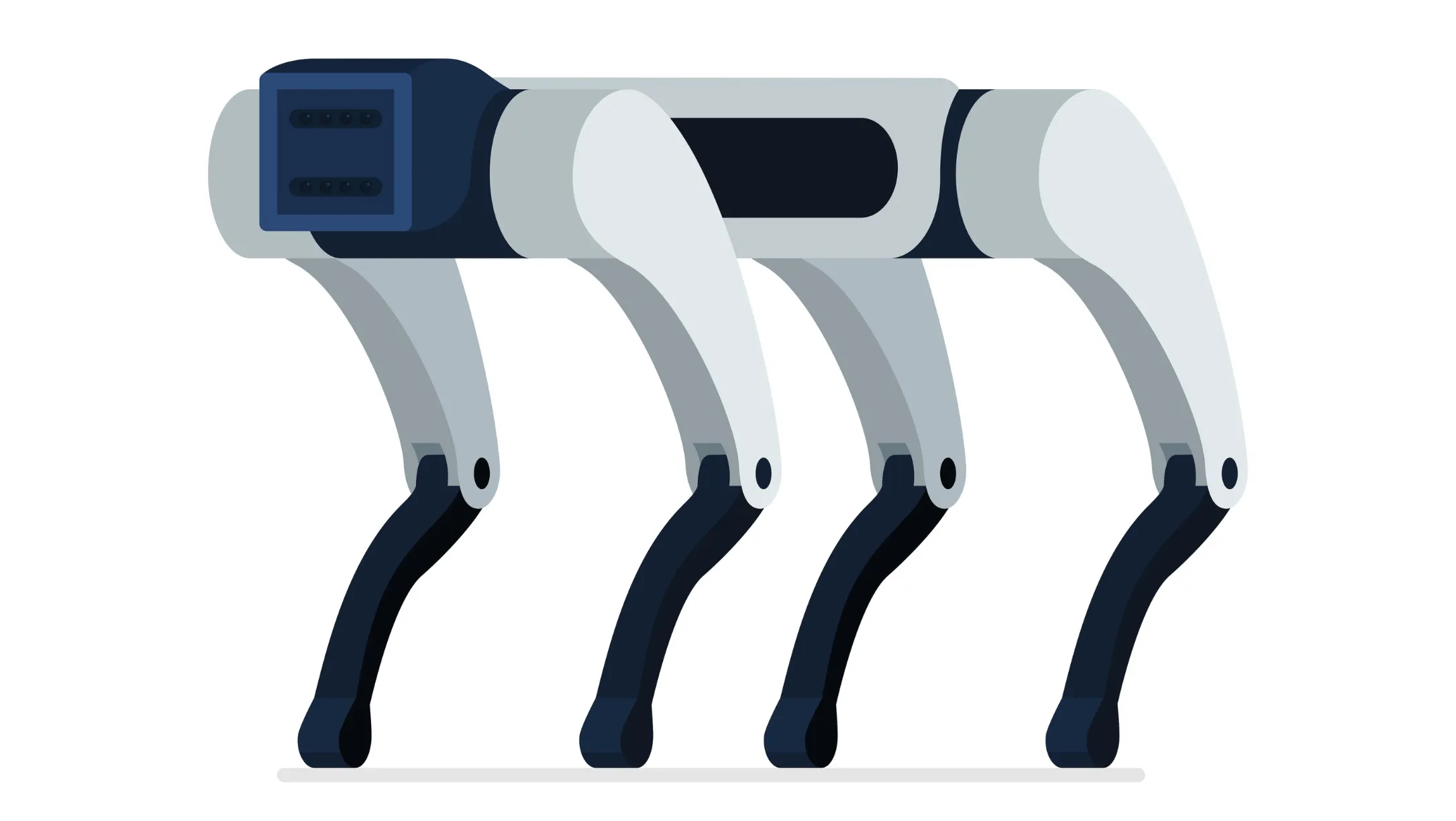An illustration of a four-legged robotic dog with a light gray body and dark blue lower legs and sensor head.