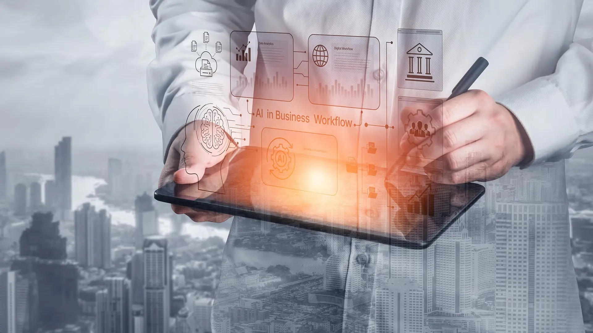 A double-exposure image of a professional holding a tablet and stylus, interacting with glowing digital icons representing "AI in Business Workflow," data analytics, and cloud storage, with a cityscape superimposed in the background.