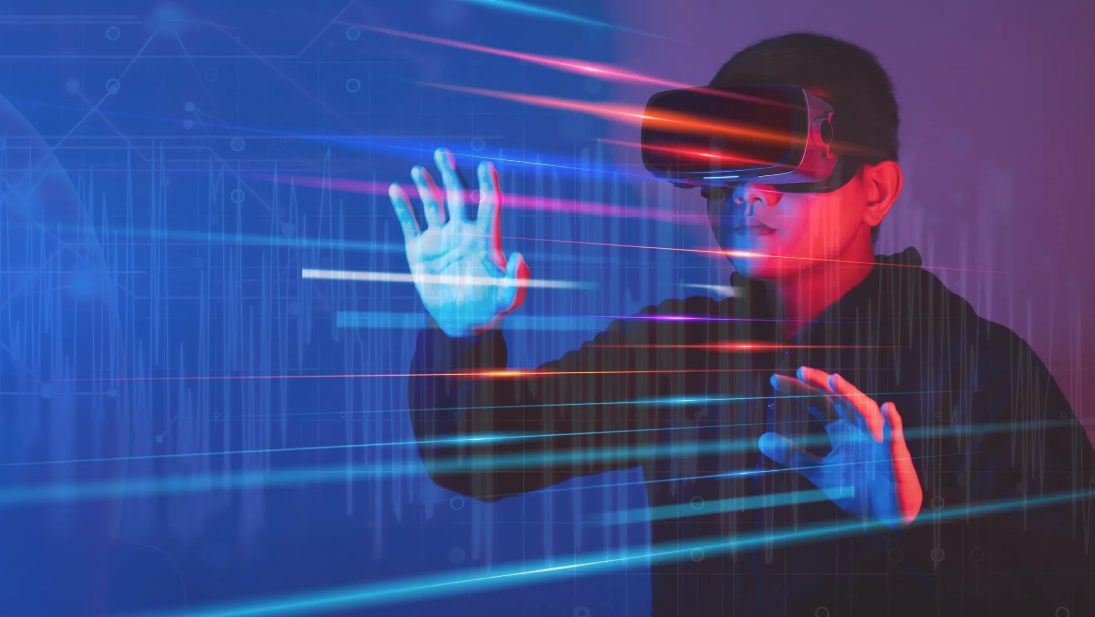 person wearing VR headset overlaid with brain wave signals