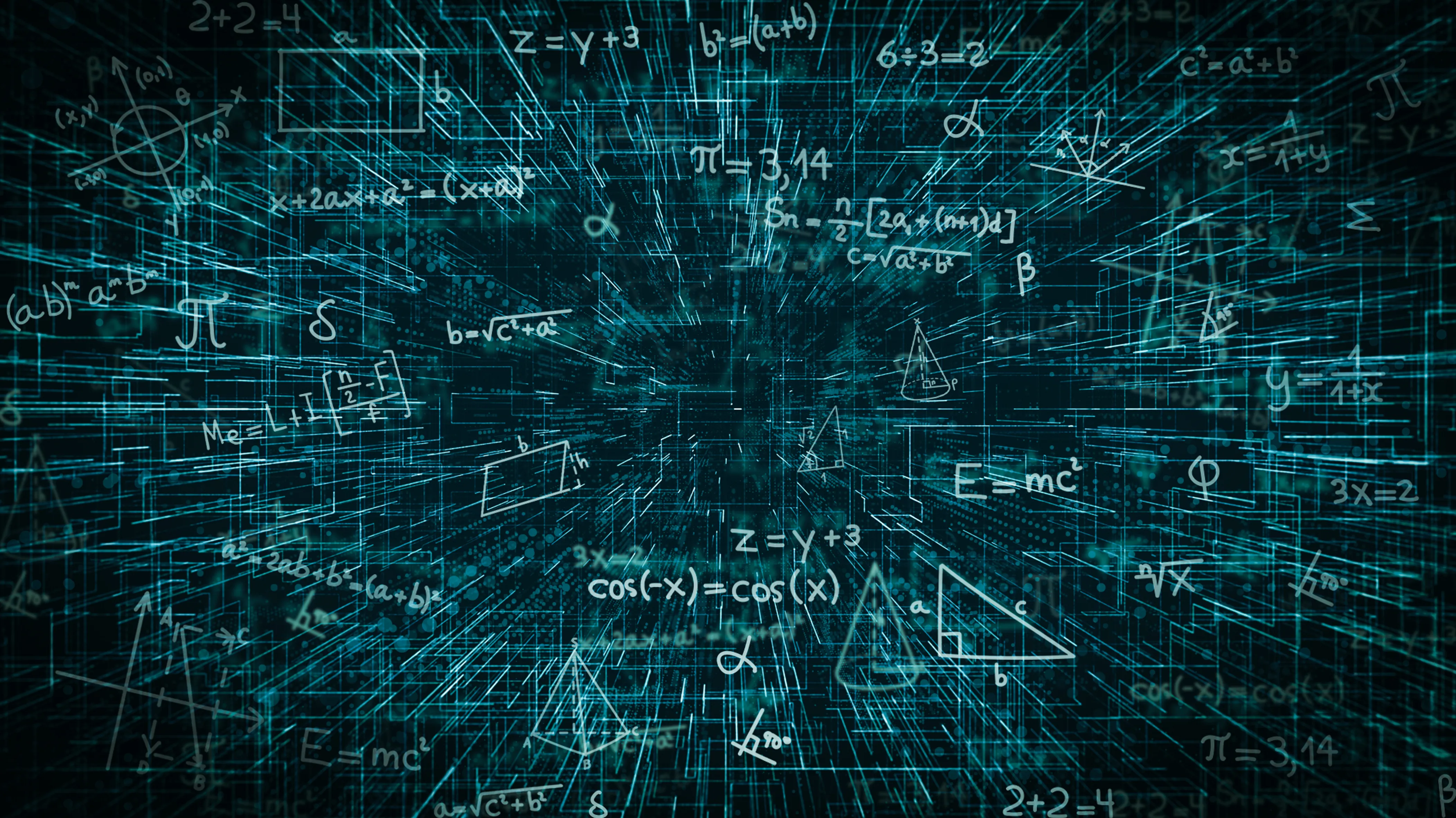 A futuristic, dark teal 3D grid perspective background filled with glowing white mathematical equations, geometric shapes, Greek letters, and formulas floating in a digital space.