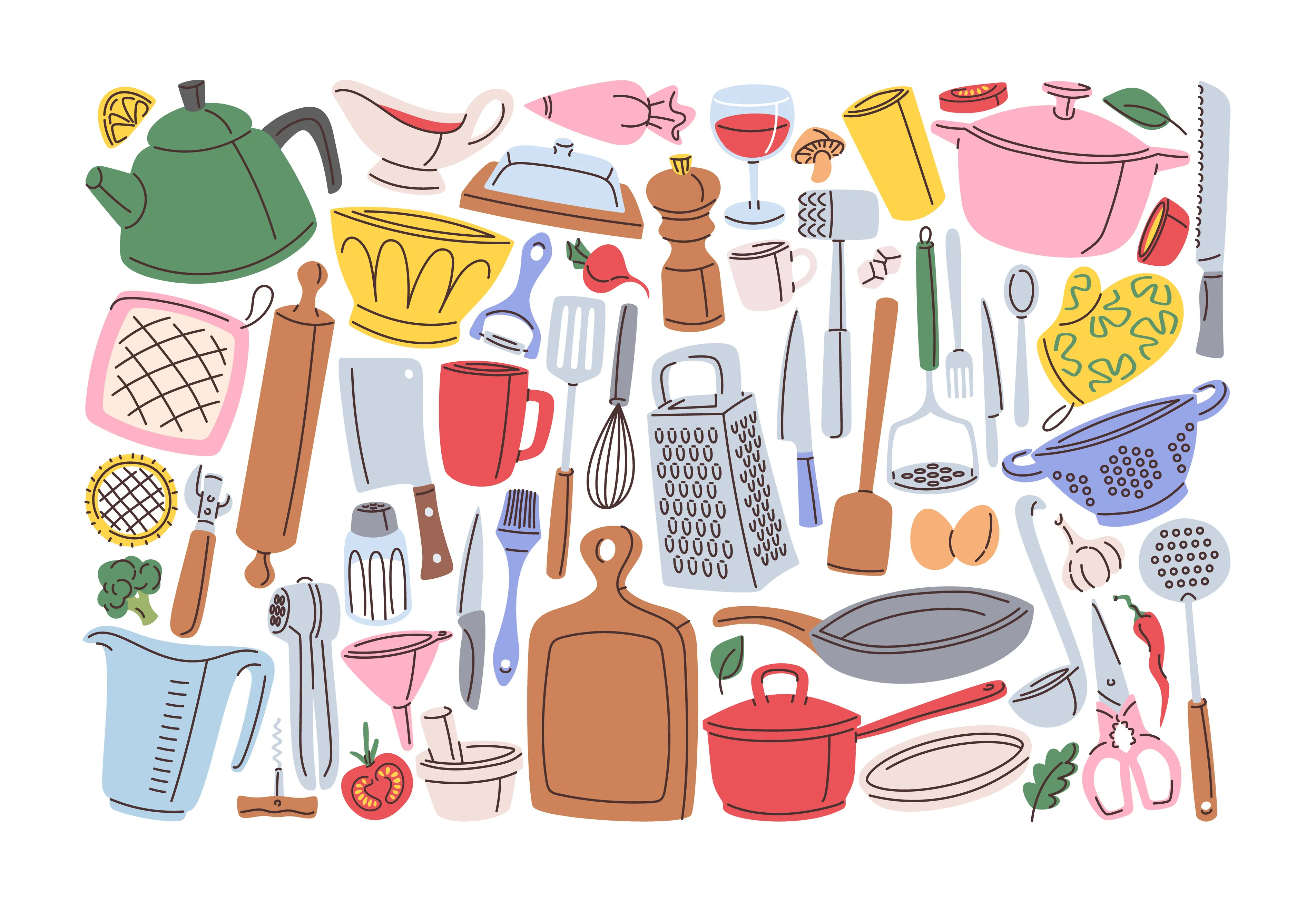 A colorful doodle illustration of various kitchen tools, cookware, and food prep items arranged across a white background.